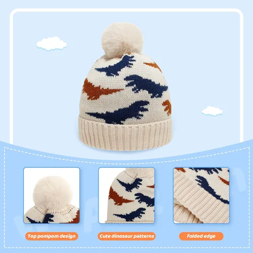 Vista 3 de Gorro de punto de invierno para bebé, forro polar, gorro grueso con pompón, gorro cálido para niños de 3 a 18 meses