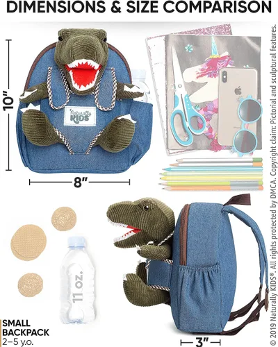 Vista 5 de Naturally KIDS Mochila para niños y niñas con animales de peluche regalos para niños de 3 4 5 6 7 años 02 Pequeño Verde T Rex Viajar
