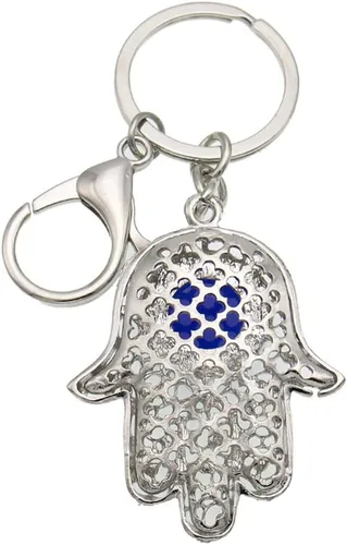 Vista 4 de QTKJ Llavero de mano Hamsa de ojo azul con dije de cristal para bolso de mano, bolso de mano, decoración de vacaciones, adorno (plata), Dorado
