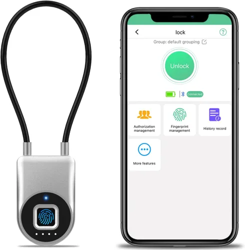 Vista 11 de Candado inteligente de cable de huellas dactilares, 6 pulgadas de largo con aplicación Bluetooth de huellas dactilares, biométrico sin llave