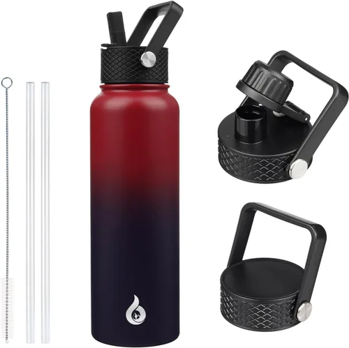Vista 109 de BJPKPK Botellas de Agua Aisladas con Tapa de Pajita, Botella de Agua de Acero Inoxidable de 18oz, Termo Frío Caliente con 3 Tapas, Vaso de Viaje a