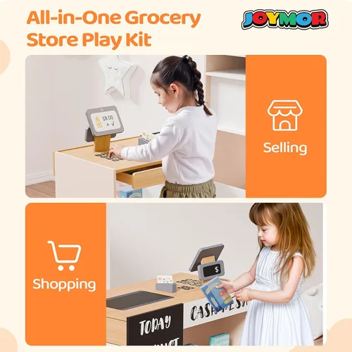 Vista 2 de JOYMOR Tienda de comestibles de juguete, juego interactivo de supermercado de madera con máquina de café expendedora, accesorios de venta y compra