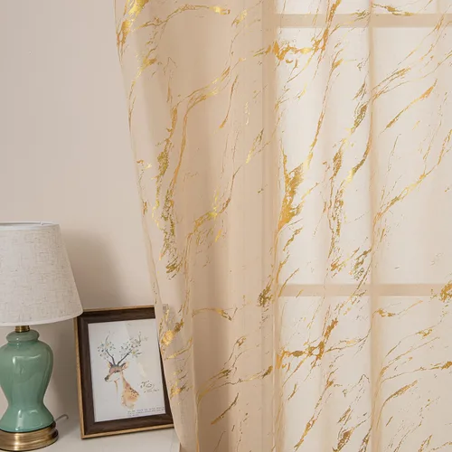 Vista 2 de Cortinas Transparentes Beige con Estampado de Lámina de Mármol Dorado de 63 Pulgadas de Largo para Cuarto de Bebé, Paneles de Ventana con Bolsillo