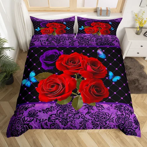 Vista 8 de Manfei Juego de funda de edredón de mariquita de tamaño individual, juego de ropa de cama de flores de acuarela de 2 piezas, funda de edredón floral