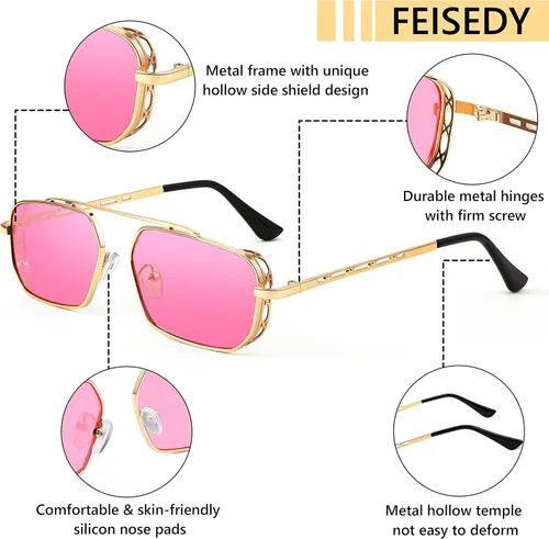 Vista 5 de FEISEDY Gafas de sol para mujer y hombre, Steampunk, marco de metal rectangular pequeño, lentes de sol tintados retro B2930