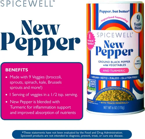 Vista 3 de Spicewell - Nuevo pimentero - Pimienta negra ayurvédica con cúrcuma, 21 vitaminas y minerales a base de plantas - Molido fino, sabor fresco