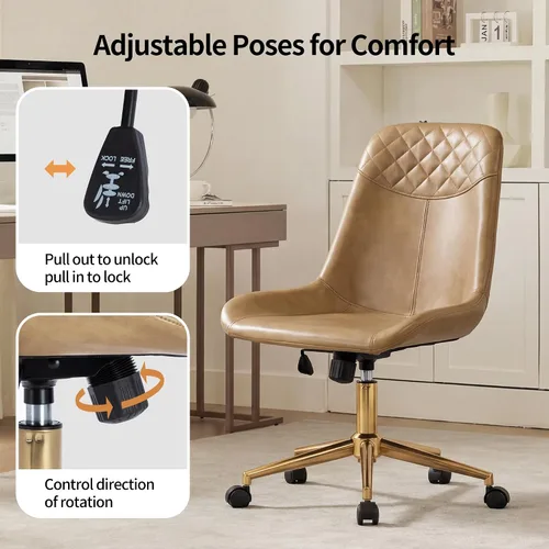 Vista 6 de DUHOME Silla de oficina de cuero PU con ruedas Silla de escritorio de Camel con base dorada