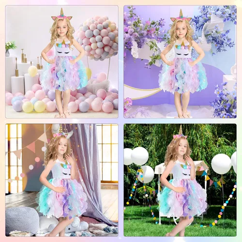 Vista 6 de PARTISKY Vestido de unicornio de Halloween para niñas, 3-10 años, disfraz de unicornio con lentejuelas, vestido tutú de princesa para fiesta