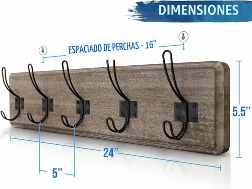 Vista 2 de HBCY Creations Perchero de pared rústico envejecido con 5 ganchos, ganchos de pared de pino macizo de 24 pulgadas para entrada, cuarto de servicio