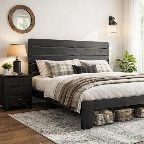 Vista 3 de Marco de cama de madera tamaño King con cabecera, base de cama de plataforma estilo granja rústica con soporte de listones de madera, resistente