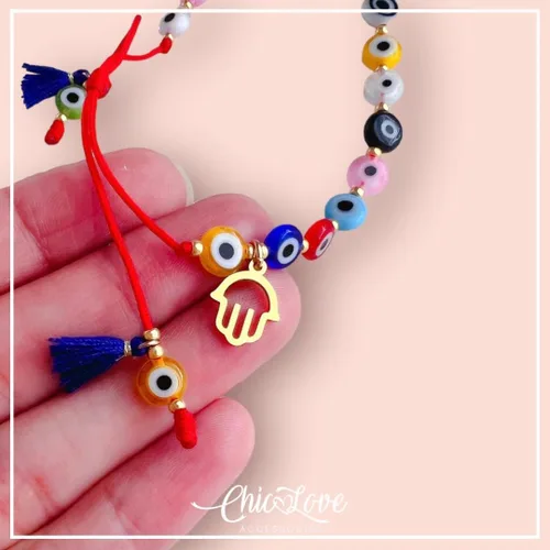 Vista 4 de Pulsera de protección completa, pulsera de mal de ojo de cadena roja, pulsera de mal de ojo multicolor, pulsera de ojo turco, pulsera de mal de ojo