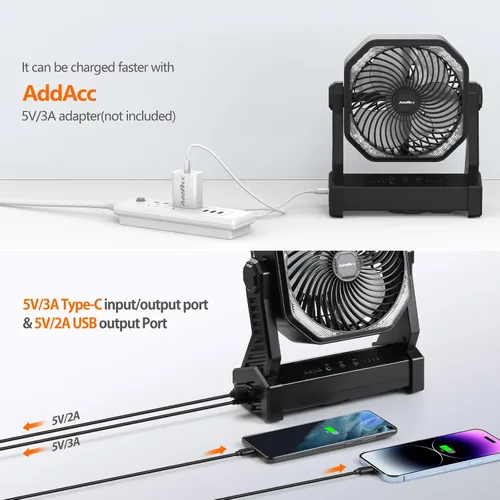 Vista 5 de Ventilador de camping de 20000 mAh, recargable, funciona con batería con gancho giratorio de 360°, luz de 400 lúmenes, pivote de 270°, 4