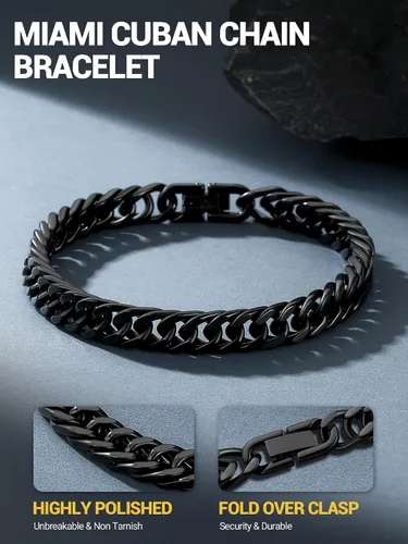 Vista 4 de PROSTEEL - Pulsera de cadena franco de acero inoxidable, pulseras gruesas de moda para hombres y mujeres, chapadas en oro negro de 18 quilates