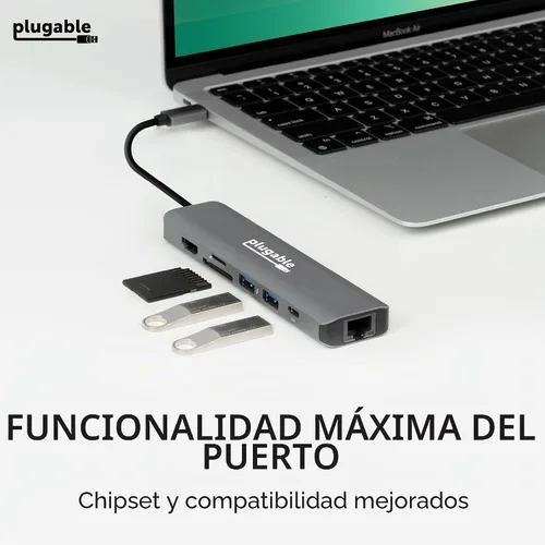 Vista 6 de Plugable Adaptador multipuerto USB C 7 en 1 sin controlador con Ethernet, HDMI 4K60Hz, carga de paso de 100 W, 2 USB 3.0, SD/microSD, para USB-C