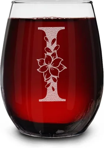 Vista 13 de Copa de vino sin tallo, con monograma floral, grabada con láser, 15 onzas, regalo inicial personalizado para ella (B)