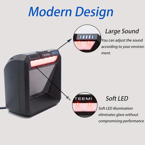 Vista 6 de [Usado] TEEMI TMSL-74 Escáner de código de barras manos libres, obturador global de 1 MP, USB con cable Sensor CMOS 2D, diseño de escritorio