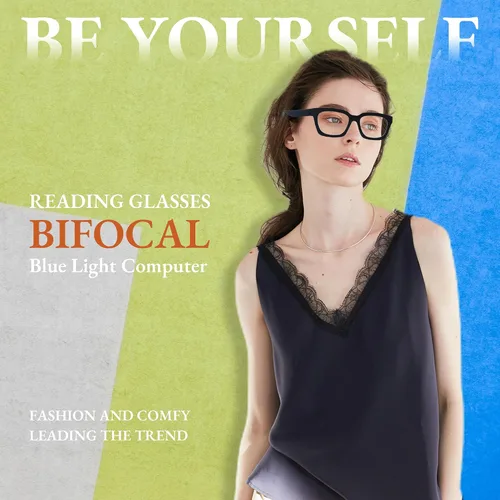 Vista 2 de HIYANJN Gafas de Lectura Bifocales para Mujeres con Filtro de Luz Azul para Computadora, Parte Superior Transparente, Montura Mate de Gran