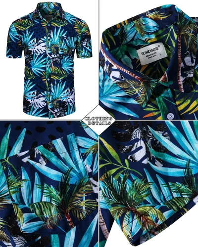 Vista 58 de TUNEVUSE Conjunto de camisas y pantalones cortos hawaianos para hombre, 2 piezas, trajes de playa con estampado de flores, traje tropical de verano