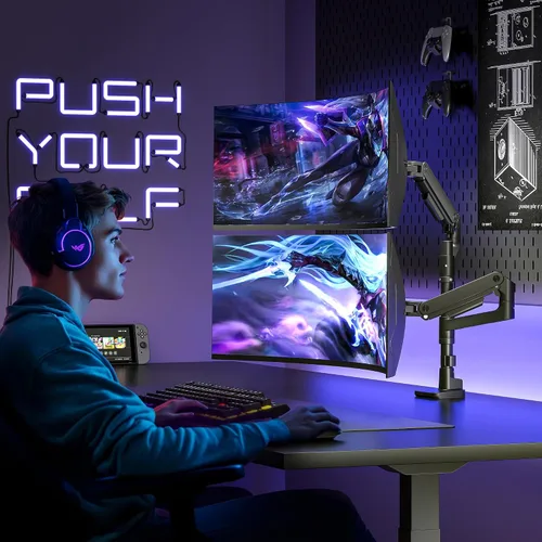 Vista 8 de ARES WING Soporte de escritorio con brazo de doble monitor para monitores ultraanchos de 17 a 49 pulgadas, soporte de monitor doble resistente