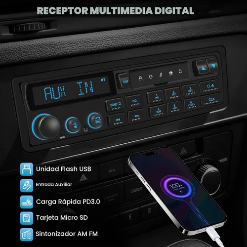 Vista 5 de Receptor estéreo de coche retro Bluetooth: Radio de aspecto clásico europeo