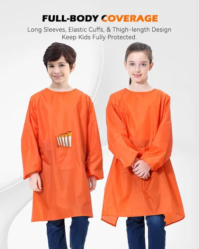 Vista 3 de Delantal de arte para niños, delantal impermeable con bolsillo para niños, delantales de pintura de artistas con manga larga para niños y niñas