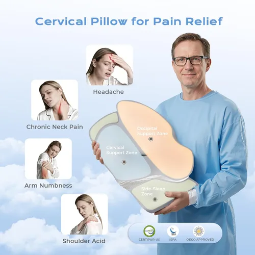 Vista 6 de Almohada cervical refrescante para dormir, almohadas ergonómicas de espuma viscoelástica para apoyo del cuello y alivio del dolor, almohadas Blanco