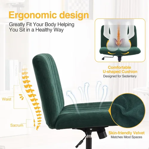 Vista 4 de Silla de escritorio sin reposabrazos, sin ruedas, silla de oficina tapizada de terciopelo ancho, patas cruzadas, asiento grande, altura ajustable