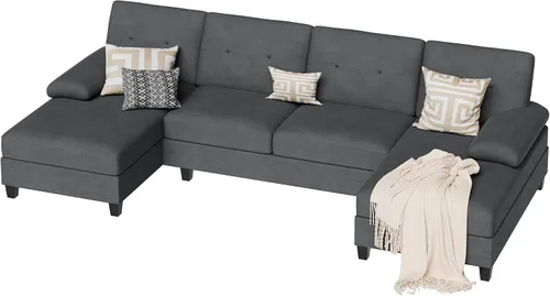 Vista 8 de Vongrasig Camillas seccionales para sala de estar, sofá en forma de U con diván, sofá modular grande moderno de 4 asientos para sala de estar Negro