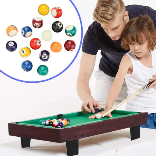 Vista 5 de Joyzan Mini bolas de billar, juego de bolas de billar de tamaño pequeño, estilo americano, bolas de taco de billar, juego completo de 16 piezas