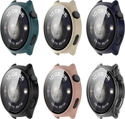 Vista 10 de PC+Funda protectora de pantalla de vidrio templado compatible con Huawei Watch 4, protector de pantalla para Huawei Watch 4, cobertura completa negro