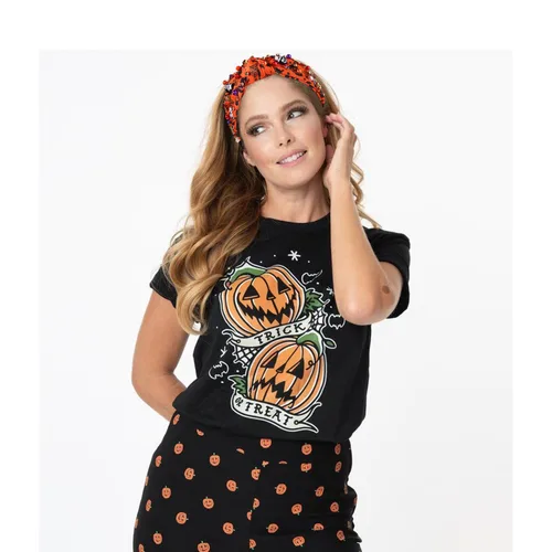 Vista 7 de Diadema ancha con nudo superior y cuentas de perlas de cristal, adorno de calabaza y caramelo de calabaza, accesorio de Halloween para mujer
