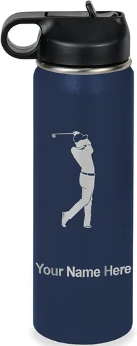 Vista 51 de LaserGram Botella de agua personalizada, golfista de golf, acero inoxidable de doble pared aislada al vacío con popote superior, regalo grabado Negro