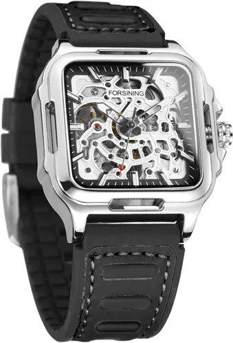 Vista 19 de FORSINING Reloj de pulsera con diseño de esqueleto impermeable para hombre, automático, steampunk, correa de silicona, luminoso cuadrado