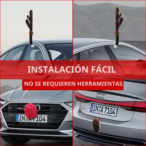 Vista 4 de MOMONI Kit Premium de Reno para Coche, Cuernos, Nariz, Cola - Set Rudolph Decoración Navideña para Coche, Disfraz de Auto, Accesorios de Auto