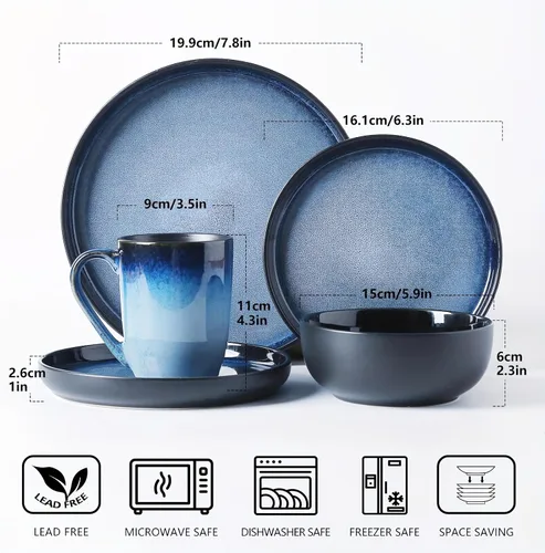 Vista 2 de 16 Pieces Plates and Bowls Sets, Ceramic Dinnerware Sets for 4