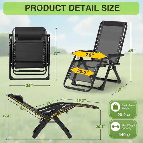 Vista 2 de Suteck Silla de gravedad cero, sillas reclinables de camping, sillón Negro clásico