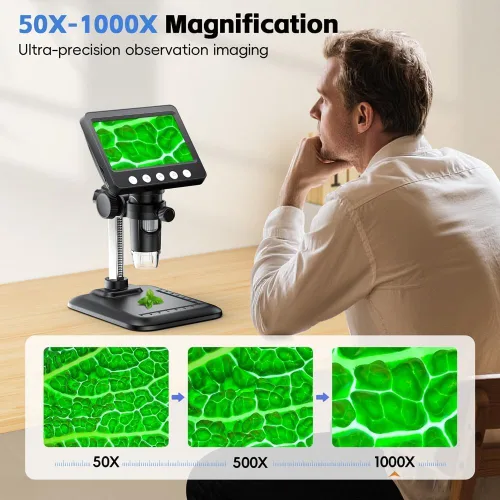 Vista 3 de Microscopio digital de 4.3 pulgadas para adultos, microscopio de moneda SKYEAR 1000X con 8 luces de relleno LED ajustables, microscopio USB