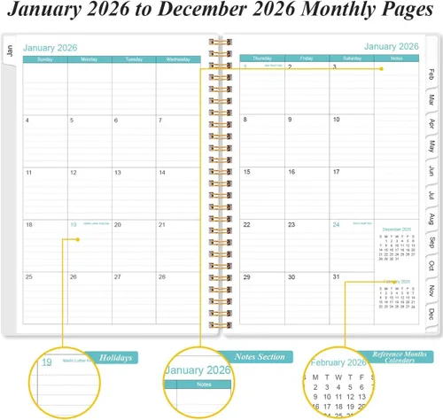 Vista 4 de Agenda 2026 - Planificador diario y por hora 2026 desde enero 2026 hasta diciembre 2026, 12 pestañas mensuales, bolsillo interior, 16.3 x 21.6 cm