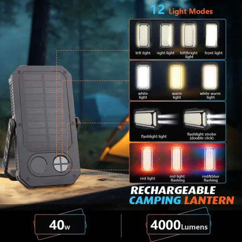 Vista 5 de Linterna LED de camping, luces de camping recargables de 10000mAh, alto lúmen, pantalla LCD digital, 12 modos de luz, luces de tienda de campaña