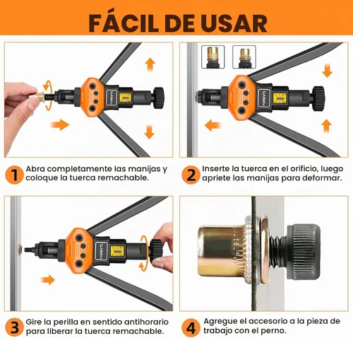 Vista 7 de Kit de herramientas para tuercas de remache, 13 mandriles métricos/SAE y 150 tuercas remachables 16" Manual Nutsert Tool, Carbon Steel, Riv Nuts