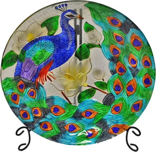 Vista 4 de CAC2609500 - Plato de vidrio pintado a mano profundo, 18 x 3 pulgadas, pavo real