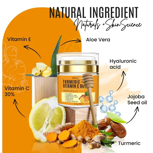 Vista 5 de Crema Facial de Cúrcuma con 30% de Vitamina C – Potenciador de Brillo, Hidratante Antienvejecimiento y Reparador de la Piel para Manchas Oscuras