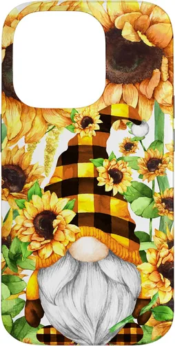 Vista 17 de iPhone 16 Gnomo de girasol con sombrero de cuadros de búfalo para niñas de moda lindo caso