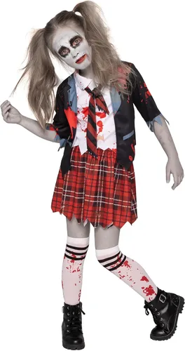 Vista 3 de Spooktacular Creations Disfraz de colegiala zombi, disfraz de zombi sangriento para niños, Halloween, escuela, fiesta de eventos, XL