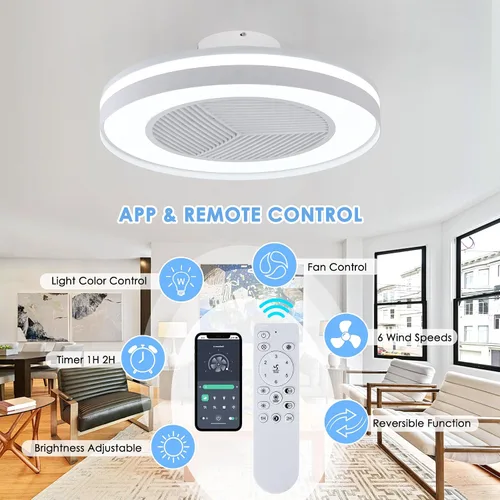 Vista 7 de Ventiladores de techo inteligentes de bajo perfil con control remoto/APP de 3 luces regulables, ventiladores de techo sin aspas de 20" con 6