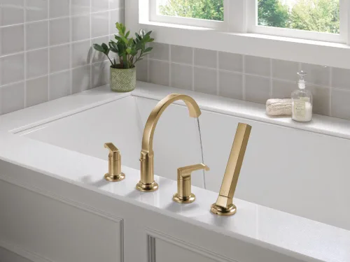 Vista 2 de Delta Tetra - Grifo de bañera romana con ducha de mano, grifo de bañera dorado cepillado, bronce champán T4788-CZ-PR-LHP