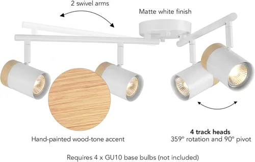 Vista 7 de GLOBE Electric 64000165 28" Iluminación de riel plegable de 4 luces, blanco mate, detalle de acento de tono madera pintado a mano, cabezales de riel