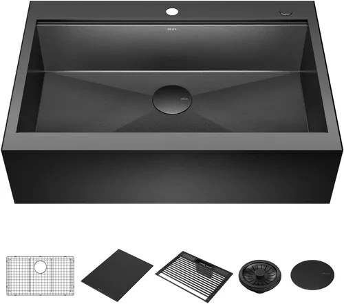 Vista 21 de DELTA FAUCET Delta Rivet 25 Pulgadas de Acero Inoxidable Negro Fregadero de Montaje Superior de Calibre 16 para Cocina con Tarja Única en Acabado