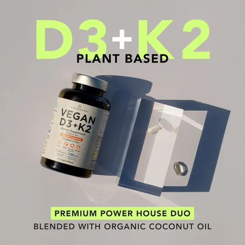 Vista 2 de Vegano prémium D3 K2. Vitamina D3 5000 iu de algas. All-Trans MK-7 K2. 120 cápsulas blandas. A base de plantas y sin carragenina. Mezcla de aceite