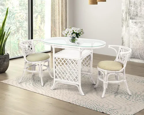 Vista 11 de Borneo - Juego de mesa de comedor compacto con tapa de cristal + 2 sillas, muebles coloniales hechos a mano de mimbre natural